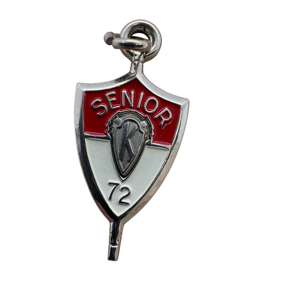 Vintage‎ Jostens 1972 Senior Shield Charm Silver Tone Red White Enamel Magnetic
